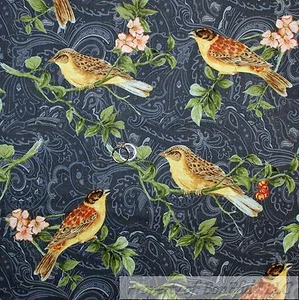 BonEful Fabric FQ Cotton Quilt Gray Brown Paisley Pink Flower Spring Bird Berry - Picture 1 of 12