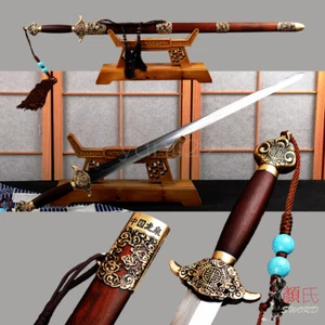Damascus Folded Steel Chinese Qing Dynasty Jian Rosewood+Brass Double Edge Sword - Picture 1 of 12