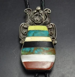 R. LOVATO Santo Domingo KEWA Sterling Silver MULTI-STONE CHANNEL INLAY BOLO Tie - Picture 1 of 19