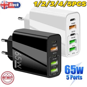 65W Quick Charger UK Plug Fast Wall Charger Power Adapter 5 Port USB-C PD Type C - Picture 1 of 20