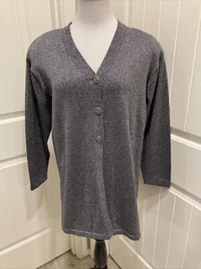 Chaus Gray Silver Metallic Cardigan SZ L 3 Center Buttons Shoulder Pads - Picture 1 of 10