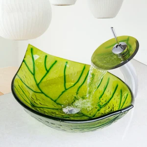 Juego de grifo mezclador en cascada de vidrio templado hoja verde lavabo lavabo lavabo lavabo - Imagen 1 de 9