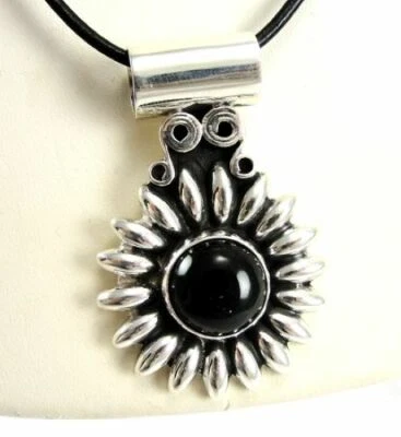 Sterling Silver Pendant Black Leather Cord 20” Necklace Onyx Flower Sun 1-7/8”  - Image 1 of 4