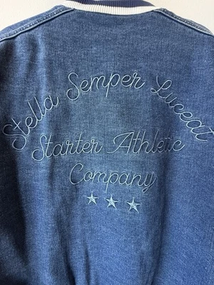 Chaqueta de bombardero de mezclilla universitaria Starter Sport vintage rara forrada con edredón talla grande Foto 1 de 4