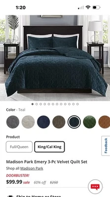 Juego de 3 piezas de edredón de terciopelo verde azulado Madison Park Harper King/Cal King nuevo Foto 1 de 4