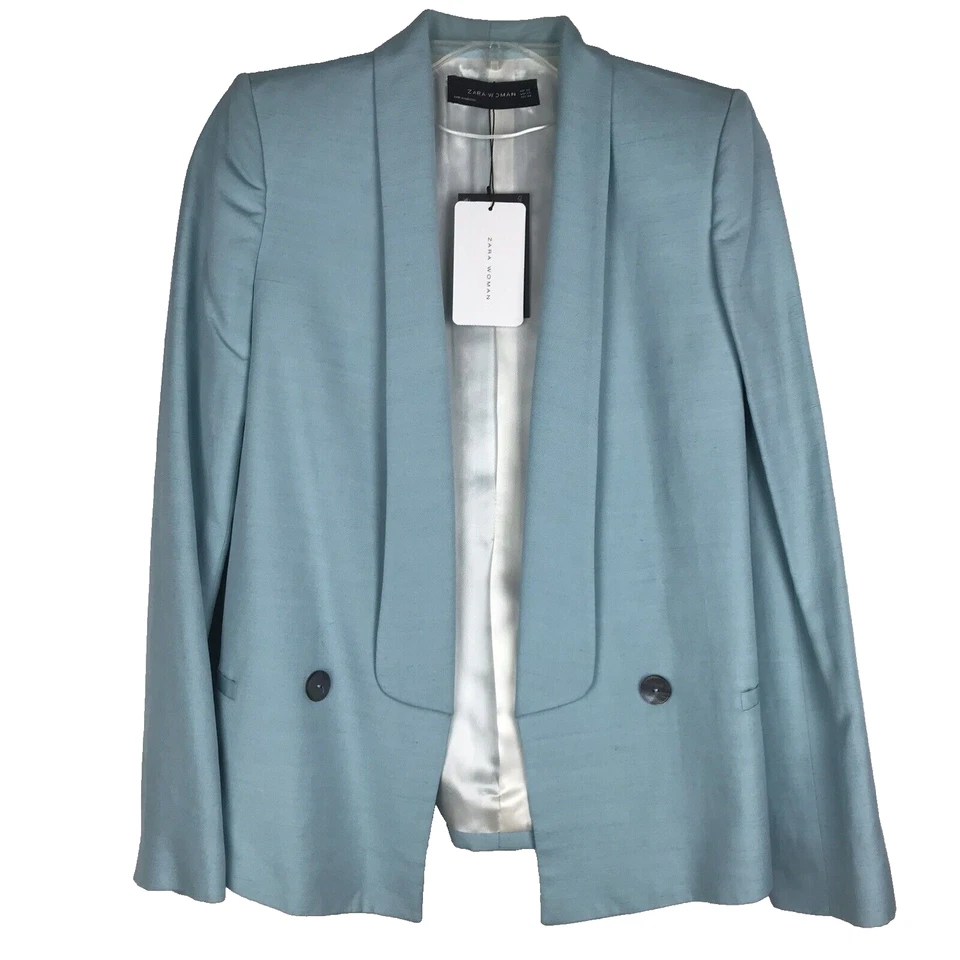 Blazer para mujer ZARA NUEVO CON ETIQUETAS frente abierto mezcla de lino azul forrado talla XS Foto 1 de 4