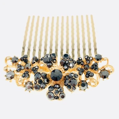 Flower Hair Comb Hairpin use Swarovski Crystal Bridal Wedding Gold Black 5-14 - Image 1 of 4