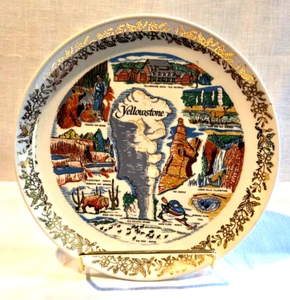 Yellowstone Souvenir Plate Vintage 7.5" Old Faithful Hot Springs Bison Deer - Picture 1 of 7