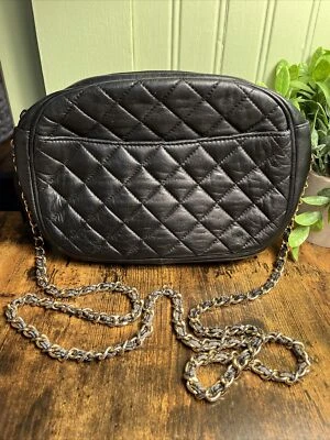 Vintage Black Quilted Leather Purse Hipster Gold Metal & Black Strap Bag Tassel - Image 1 of 4