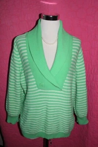 IZOD Green White Stripe V-Neck Sweater Cotton Acrylic XL Button Trim Pullover - Picture 1 of 4