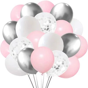 Silver Pink White Latex Balloons 50 Pack 12 Inches Silver Confetti Party Ball... - Picture 1 of 7