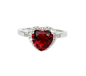 Anillo Corazón Acabado Oro Blanco Rubí Rojo y Halo Diamante Creado - Elegante - Imagen 1 de 6