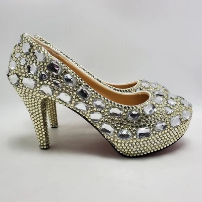 Cinderella Crystal Glass Rhinostones Beaded Wedding Heel Shoes Sz 42 Red Bottom - Image 1 of 4