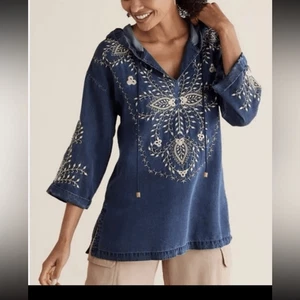 Top túnica Soft Surroundings Regio 3X sudadera con capucha cambray bordada artesanal boho - Imagen 1 de 7
