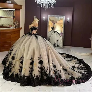 Lujoso Negro Quinceañera Mariposa Vestido de Baile Vestido de Cumpleaños Vestidos Cuentas Cristal - Imagen 1 de 9