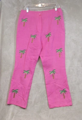 CJ Laing 100% Linen High Waist Pink Embroidered Palm Tree Cropped Pants Size 10 - Image 1 of 4