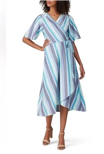 B Collection by Bobeau Orna Wrap Dress Blue Striped Midi Sleeveless M - Picture 1 of 12