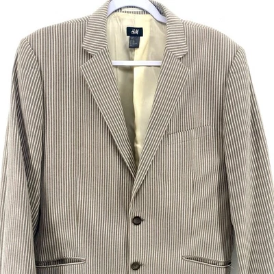 Jaqueta blazer masculina H&M 44R bege e branca listrada algodão fecho de dois botões - Imagem 1 de 4