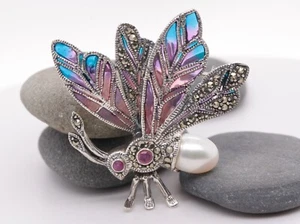 Sterling Silver Plique-à-jour Enamel Ruby Pearl Marcasite Brooch Pin Butterfly - Picture 1 of 4