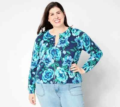 Isaac Mizrahi Live! Floral Printed Button Front Cardigan, Navy 2X A652875 - Image 1 of 4