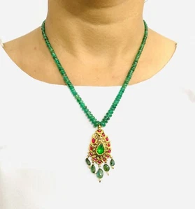 Antique-solid-22-K-Gold-Ruby-emerald-diamond-Pendant-necklace - Picture 1 of 15
