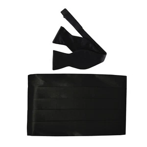 New Men's 100% Polyester Cummerbund_self tie Bow tie Set Formal Wedding Black - Picture 1 of 4