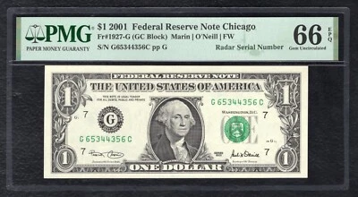 FR. 1927-G 2001 $1 FRN “LADDAR RADAR S/N G65344356C” PMG GEM UNCIRCLATED-66EPQ - Image 1 of 2