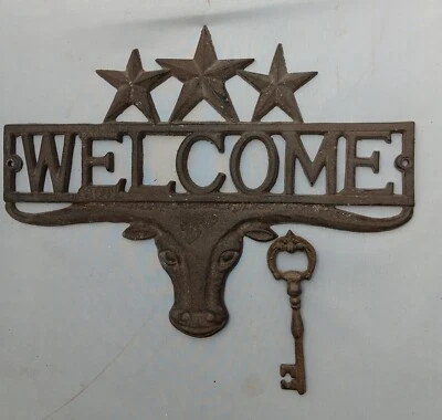 Metal Work Rustic Bullhead Cow Ranch Gate Welcome With Skelton Key Bottle Opener - Image 1 of 4
