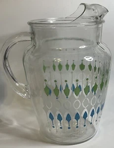 Vintage MCM Clear Glass Pitcher W/Green/White/Turquoise Design 2 Qts. - Picture 1 of 8