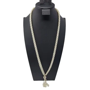 Vintage Faux Pearl Intricate Woven Opera Necklace Pearl Tassel Pendant Statement - Picture 1 of 8