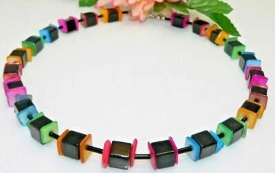 Halskette Würfelkette  Würfel Cube  schwarz Muschel Quadrat bunt multicolor 048a - Bild 1 von 4