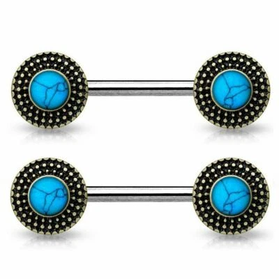 Pesas de pezón de acero quirúrgico 316L con extremos de escudo tribal centrado turquesa Foto 1 de 2