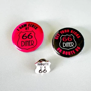 Set of 3 Route 66 Diner & Highway Pins  Retro Button  Lapel Pin Bundle Free Ship - Picture 1 of 8