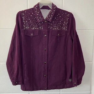 Dream Jeannes Women’s Denim Jacket Size Large Purple Rhinestone Long Sleeve - Picture 1 of 12