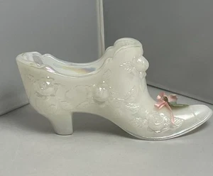 Fenton Iridescent Slipper Shoe White Floral With Pink Rose 6" EUC - Picture 1 of 12