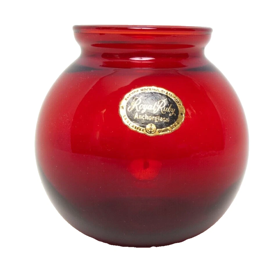 Vintage Anchor Hocking Glass Royal Ruby Red Ball Vase Some Scratches 3.75"H - Image 1 of 4
