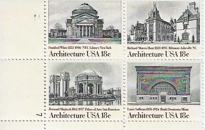 US American Architecture 18c Stamp Plate Block of 4 Scott #1928 - 1931 - Image 1 of 1