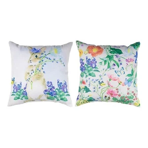GARDEN BUNNY REVERSIBLE INDOOR OUTDOOR TEXTURED PILLOW #1 - 18" SQUARE - Picture 1 of 3