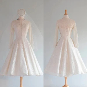 Vintage Elegant Wedding Dresses 1950s Couture Lace Tea Length Retro Bridal Gowns - Picture 1 of 11