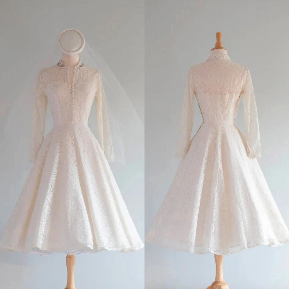 Vintage Elegant Wedding Dresses 1950s Couture Lace Tea Length Retro Bridal Gowns - Image 1 of 4