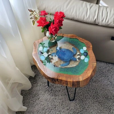 Coffee Table Live Edge, Natural Edge Side Table, Plant Stand, Wood Mosaic - Image 1 of 4