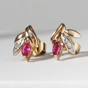 Vintage 9ct Yellow Gold Natural Pink Ruby Diamond Floral Stud Earrings - Picture 1 of 10