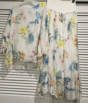 Belle France Boho Outfit Skirt Shirt White Floral XL Made Italy Dolman Sleeve - Image 1 of 4