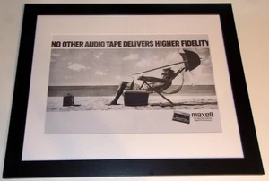 FRAMED Maxell Cassette Tape "BLOWN AWAY" 1982 Ad Poster 23"x20" Beach Picture - Picture 1 of 4