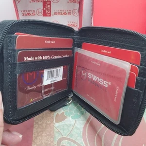 Swiss Marshall RFID Blocking Premium Leather Security Zippered Bifold Black - Picture 1 of 11