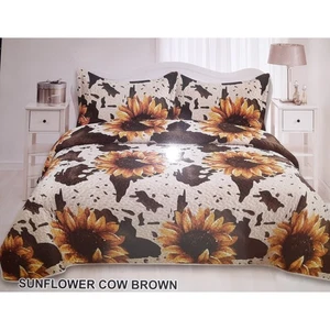 Western Bettwäsche Set Luxus Samt Oversize 3tlg Set Braun Kuh Print & Sonnenblume - Bild 1 von 6