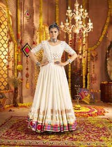 Navratri Special White Viscose Rayon Embroidered Fully Stitched Lehenga Choli - Picture 1 of 7