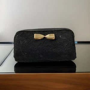 Victoria’s Secret Womens Black Floral Lace Lined Cosmetic/Makeup Bag Gold Bow - Picture 1 of 9