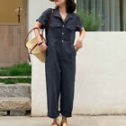 Womens Short Sleeve Lapel Dungaree Jumpsuit Casual Loose Office Work Overalls Au
