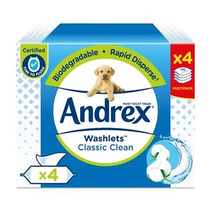 Andrex Washlets Classic Clean Biodegradable & Flushable Toilet Wipes. 4 Pack - Picture 1 of 5